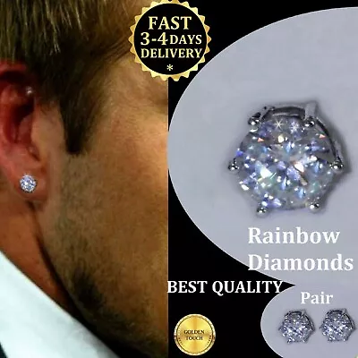 Men Women 8mm Silver Brilliant Simulated Diamonds White GF Crystal Stud Earrings • £9.99