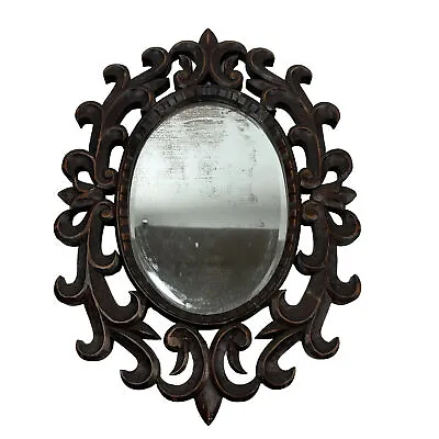 Old Vintage Antique French Wood Carved Wall Mirror Ornate Oval Victorian Goth • $225