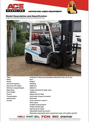 KAT FG25T3 Gas Container Spec Forklift Buy-£9995 HP-£49.91 Hire-£72.50pw AH1599 • £9995