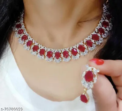 Indian Bollywood Bridal Silverl Plated Jewelry Earrings Ethnic AD Fine Necklace • $24.74