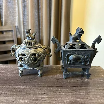 Vintage Chinese Cast Iron Incense Burners Foo Dog Lot Of 2 • $89.99