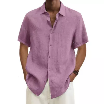 Mens Short Sleeve Linen Shirt Casual Baggy Button-up Lapel Hawaiian Holiday Tops • £10.99