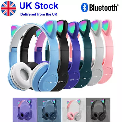 Kids Headphones Wireless Bluetooth Headset LED Lights Cat Ear Earphone Children • £7.29