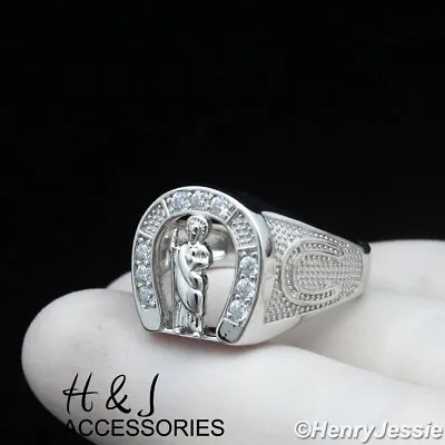 Men 925 Sterling Silver Icy Bling Cz Silver 3d San Judas U-shaped Ring*asr195 • $39.99