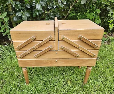 Large Heavy Vintage 50s Wooden Expandable Cantilever Sewing Box W Legs & Handle • £100
