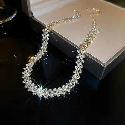 £6.25 • Buy Elegant Necklace Choker Silver Gold Clear Rhinestone Woman Multilayer Vintage UK