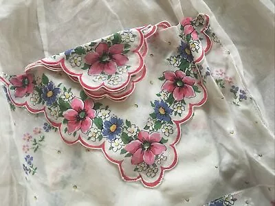 VTG 1950s Spring Pink Blue Floral Handkerchief Pocket/ Trim Sheer Cottage  Apron • $12