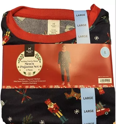 Members Mark Mens Holiday Christmas 2 Pc Blue Print Pajama Set Pockets Size L • $14.99