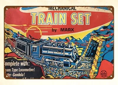 1969 Streamline Mechanical Train Set Marx Toys Railway Railroad Metal Tin Sign • $18.95