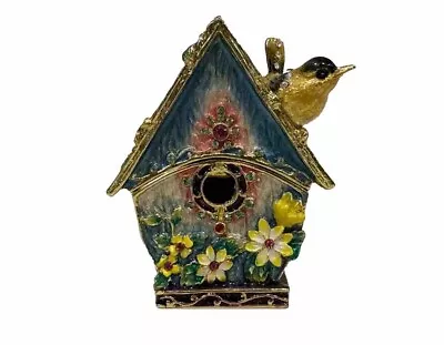 Gold Finch Birdhouse Trinket Box Hand Painted Colorful Enamel Swarovski Crystal • $35.99