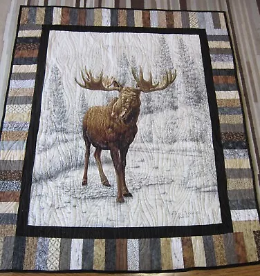 USA Handmade Lap/Throw Size Patchwork Quilt- Bull Moose 50  X 58  Flannel Back • $115