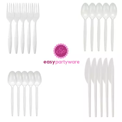 White Plastic Cutlery Spoons Forks Knives 100 Pack Disposable Cutlery Reusable • £5.99