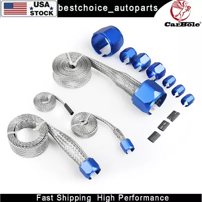 Stainless Steel Braided Engine Hose Line Pipe & Sleeve Sleeving Kit Caps Blue • $29.69