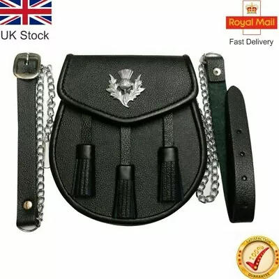 3 Tassels & Thistle Scottish Kilt Sporran Real Black Cowhide Leather + Belt 01 • £10.99