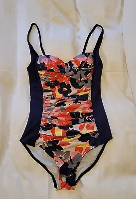 EXC Designer Moontide 50s Pin Up Ruched Navy Floral Swimsuit One Piece XS • £6