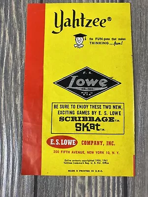 Vi Tage 1961 E S Lowe Yahtzee Instructioms Replacement Piece Part • $8.99