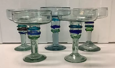 Mexican Hand Blown Margarita Glasses (5) Green Blue Purple Stem Rings • $25