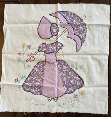 Vintage Handmade Embroidery & Applique Lg Quilt Block - Girl & Flowers (purple) • $14