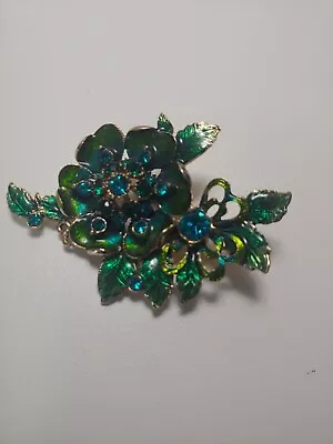 Vintage Monet Green Floral Enamel Brooch With Blue Rhinestones • $18