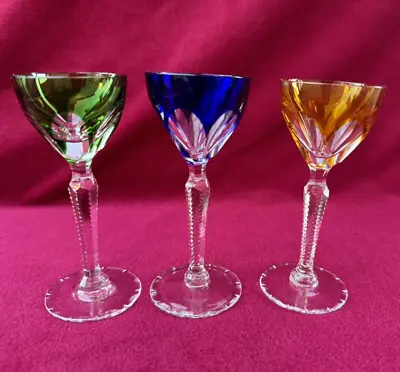 3 Colorful Moser Style Cut To Clear Crystal Cordials Liqueurs Glasses 4 5/8  • $100