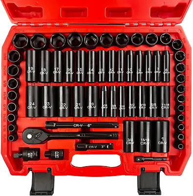 EACELIY 64pcs 3/8  Socket SetDrive Impact Socket Set SAE/Metric Deep & Cr-V 6 • $60.79