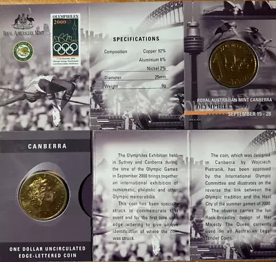2000 Australia Olymphilex $1 One Dollar Coin Canberra Edge Lettered Unc Carded • $16.95