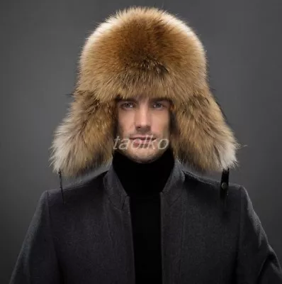 Mens Real Raccoon Fur Leather Fox Mink Fur Earflaps Outdoors Hat Cap Winter Warm • $105.93