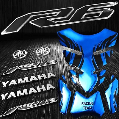 Chrome Blue Tribal Fire Gas/Fuel Tank Pad+3D 8 Logo+YZF-R6 2-Tone Emblem Sticker • $26.77