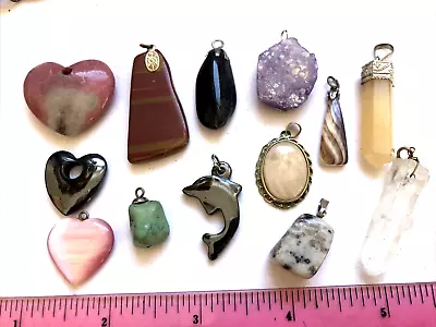 13 Pc Vintage Natural Gemstone Pendant Lot: Agate Turquoise Hematite Quartz • $4.99