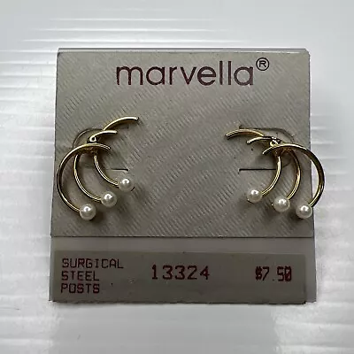 H3 Marvella Gold Pearls Swirl Boho Hippie Mod Mcm Glam Pierced Retro Earrings • $6