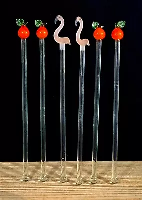 SET 6 Vintage Blown Glass Drink Stirrer Swizzle Sticks Oranges & Flamingos 8” • $24