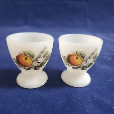 Vintage Arcopal France Egg Cups Milk Glass Fruit Peach Apple Tree Branch Leaves • $12.99