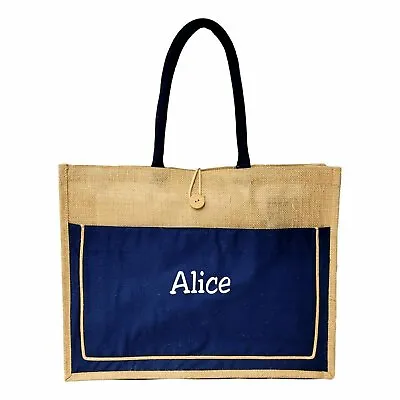Personalized Tote Bag With Embroidered Name Vintage Style Jute With Navy... • $21.95