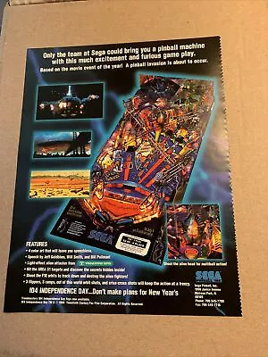 Orignal 11- 8.5'' Independence Day Sega Pinball￼  Arcade   AD FLYER • $5.29