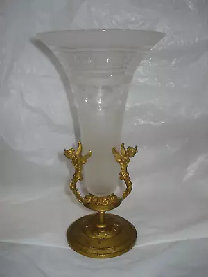 Vintage Gilt Metal Angels Base Trumpet Shaped Etched Glass Vase 8 3/8  Tall • $99