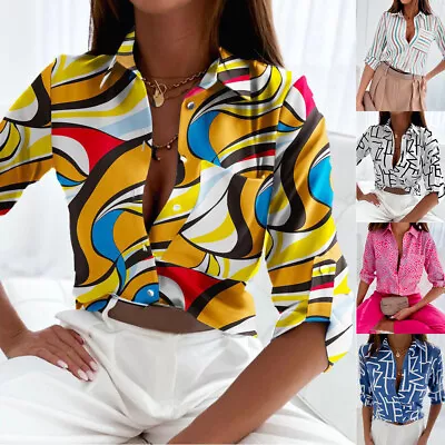 Women Casual Tops Tunic Shirt Office Blouse Long Sleeve Button Print Summer Sexy • $27.84