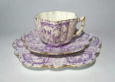 Wileman Foley China Daisy Tea Cup Saucer & Plate Trio Purple Snowdrops. A/F • £44.95