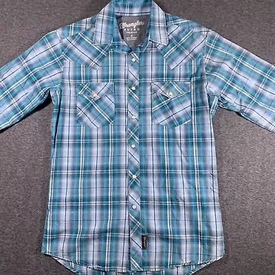 Wrangler Retro Mens Small Blue Plaid Long Sleeve Western Pearl Snap Shirt • $12.99