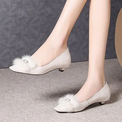 Womens Chic Leather Pointed Toe Mink Fur Buckle Low Heel Court Shoes Pumps AQGS • $66.23