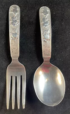 2 Pc Sterling Silver Baby Set Spoon & Fork “Three Little Pigs” Nursery Rhyme • $125