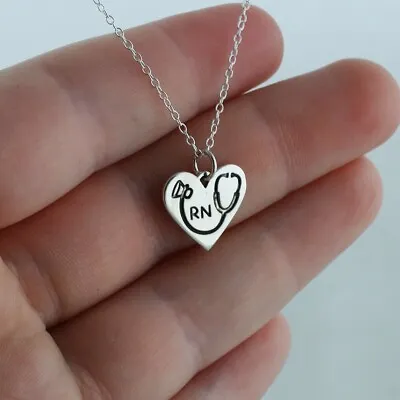 RN Heart W/ Stethoscope Charm Necklace 925 Sterling Silver Registered Nurse Gift • $29