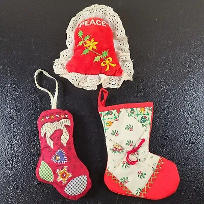 $15.99 • Buy Lot Of 3 Vintage Christmas Ornaments - 2 Homemade Stockings, 1 Lace Velvet Bell