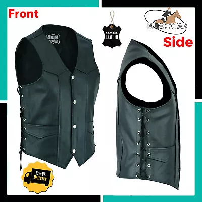 Men's Black Classic Side Laces Motorcycle Biker Leather Waistcoat Vest • £28.38