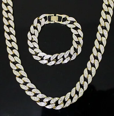 Mens Necklace Bracelet Set Iced CZ Miami Cuban Link Chain 14k Gold Plated HipHop • $18.99