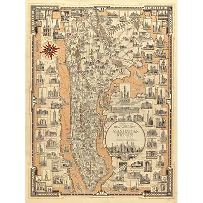 Chase 1939 Pictorial Map NY Manhattan Bronx Canvas Art Print Poster • £13.99