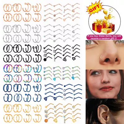 20G Nose Ring Hoop 2-32Pcs L Bend Nose Stud Ring Surgical Steel Gem Septum Ring • $5.99