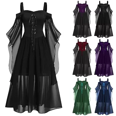 $26.17 • Buy 🟣Women Plus Size Cold Shoulder Butterfly Sleeve Lace Up Halloween Gothic Dress