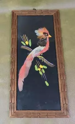 Vintage Colorful Mexican BIRD FEATHER FOLK ART Picture Wooden Hand Carved Frame • $34