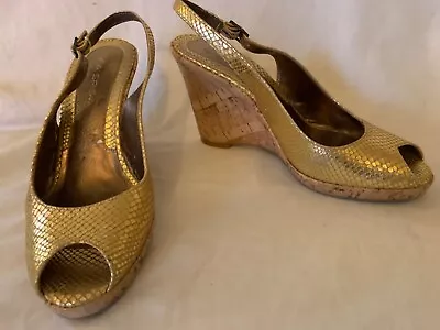 Via Spiga Gold ‘reptile Embossed’ Slingback Cork Wedge Heels Size 8.5 • $23