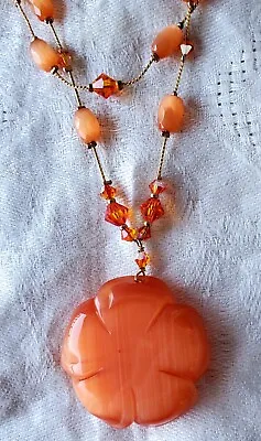 Dabby Reid  Andrea  Flower Pendant Orange Cats Eye Swarovski Necklace • $34.95